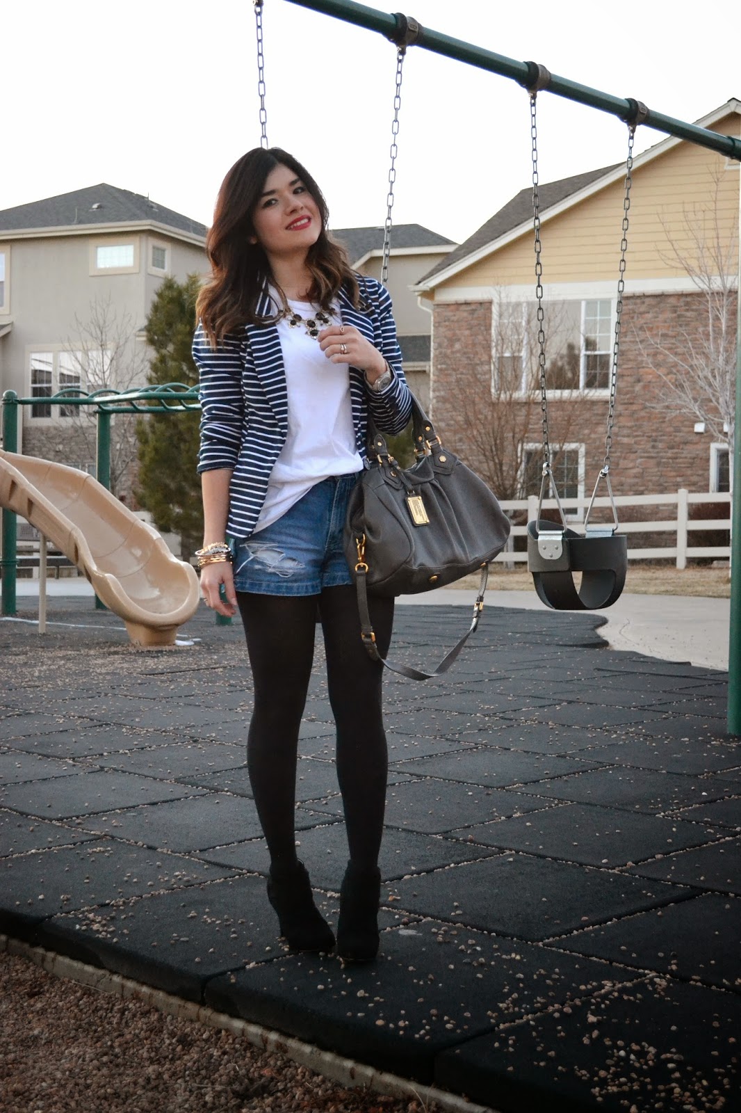 STRIPES AND DISTRESSED DENIM SHORTS