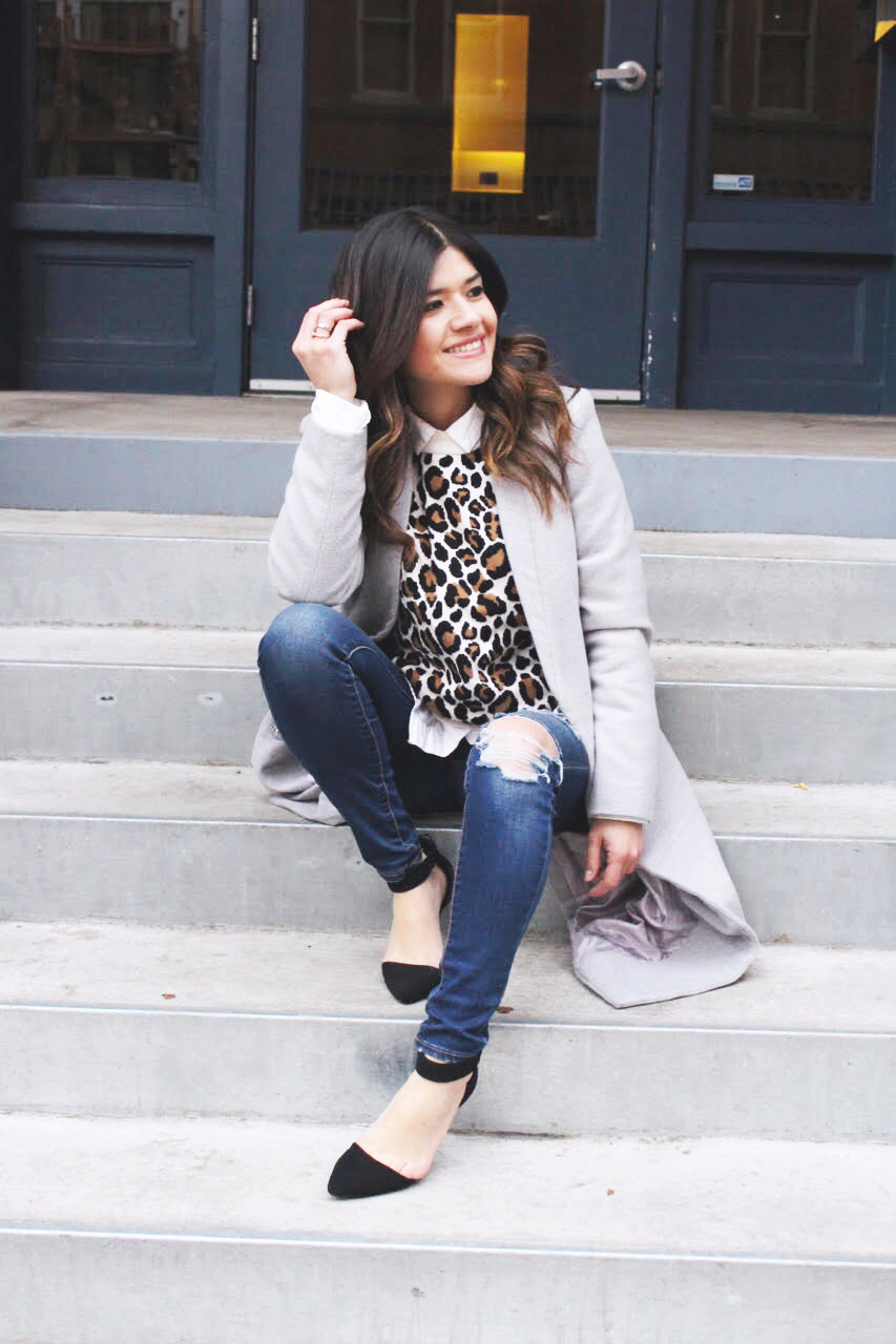 LONG GRAY COAT + RIPPED JEANS