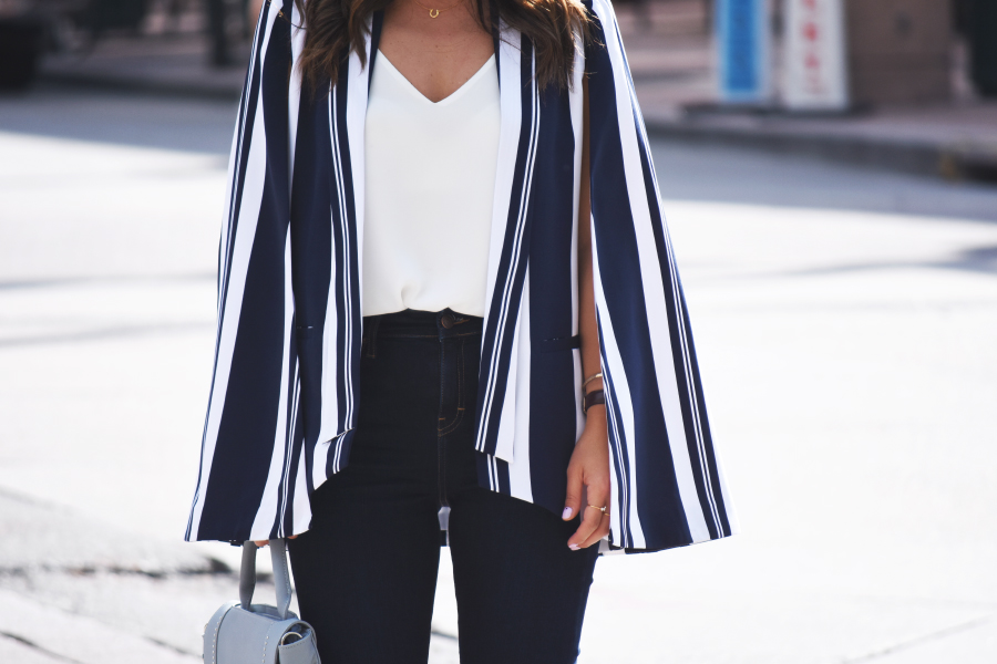 MURAL CAPRE BLACK AND BLUE STRIPE BLAZER - CAPE BLAZER by popular Denver fashion blogger Chic Talk