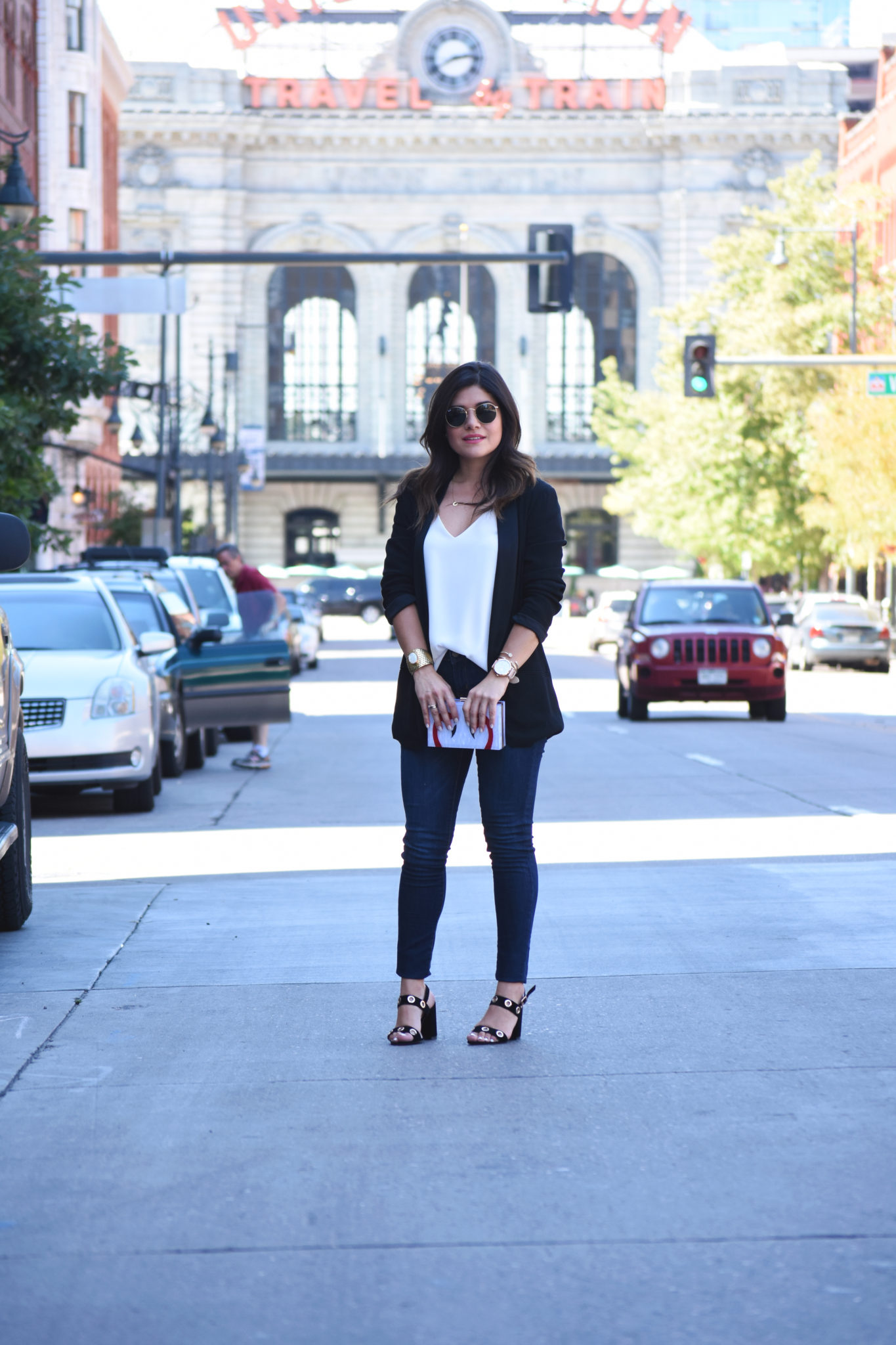 Carolina Hellal of Chic Talk wearing Rayban Rounded sunglasses, an H&M black blazer, a white Topshop top, Public Desire black sandals, and Old Navy jeans. - MY GO-TO CASUAL OUTFIT by popular Denver fashion blogger Chic Talk