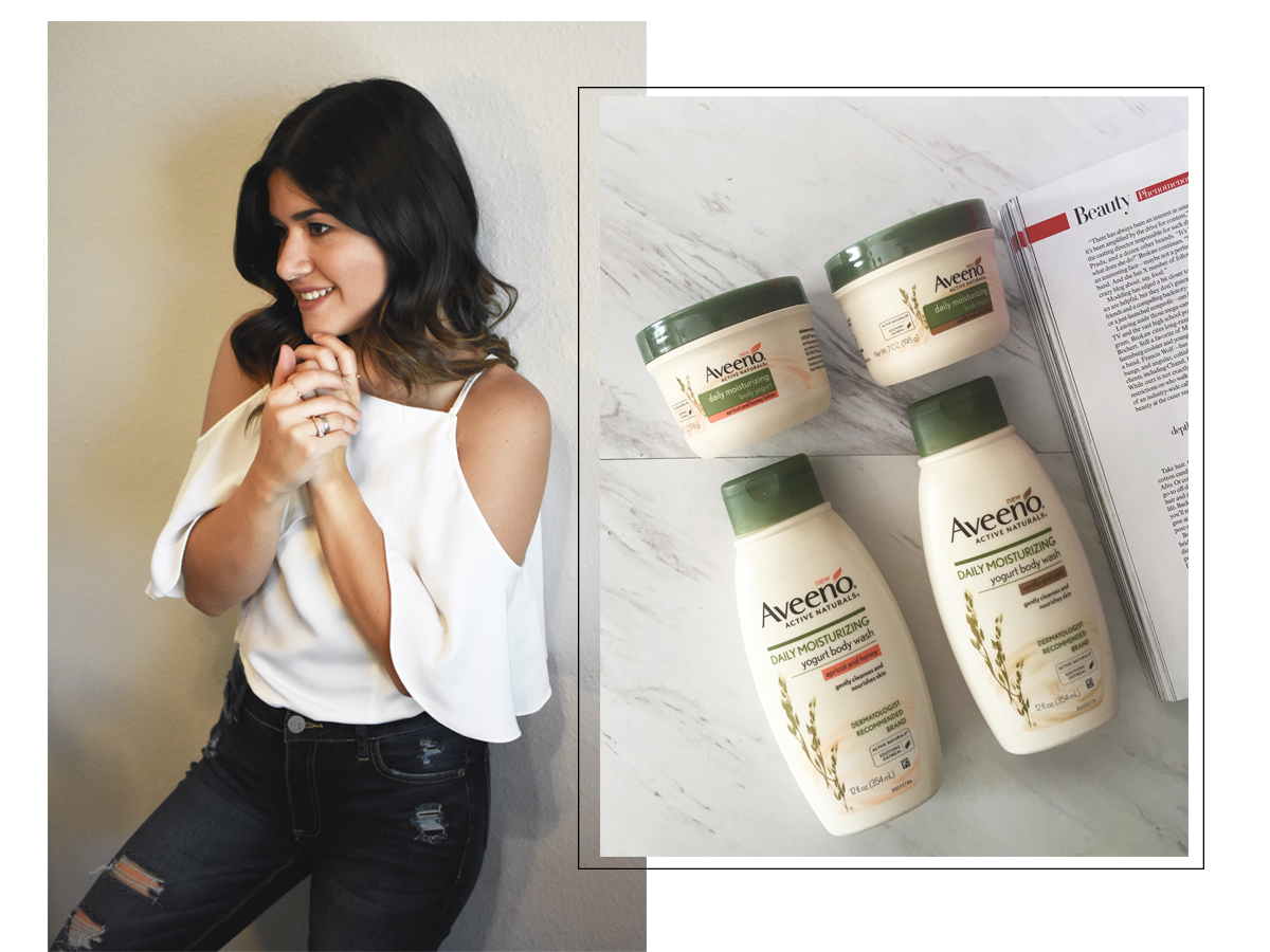 Carolina Hellal of Chic Talk wearing the new Aveeno yogurt lotion and body wash - AVEENO YOGURT BODY WASH & LOTION by popular Denver style blogger Chic Talk