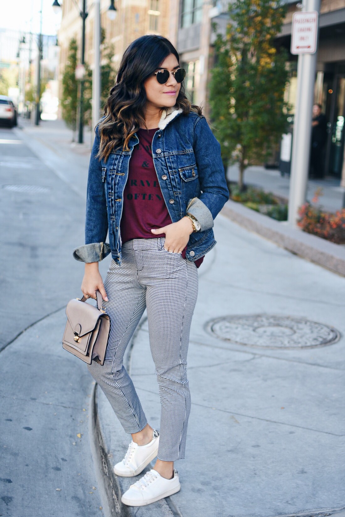 Carolina Hellal of Chic Talk wearing an Old navy burgundy T, denim jacket, printed pinxie pants, and Rayban rounded sunglasses - OLD NAVY TEE COLLECTION by popular Denver fashion blogger Chic Talk