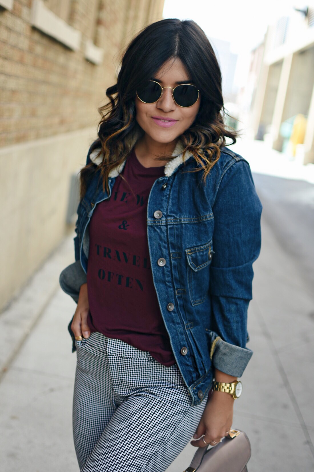 Carolina Hellal of Chic Talk wearing an Old navy burgundy T, denim jacket, printed pinxie pants, and Rayban rounded sunglasses - OLD NAVY TEE COLLECTION by popular Denver fashion blogger Chic Talk