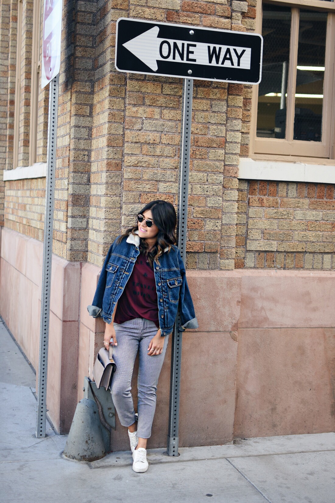 Carolina Hellal of Chic Talk wearing an Old navy burgundy T, denim jacket, printed pinxie pants, and Rayban rounded sunglasses - OLD NAVY TEE COLLECTION by popular Denver fashion blogger Chic Talk