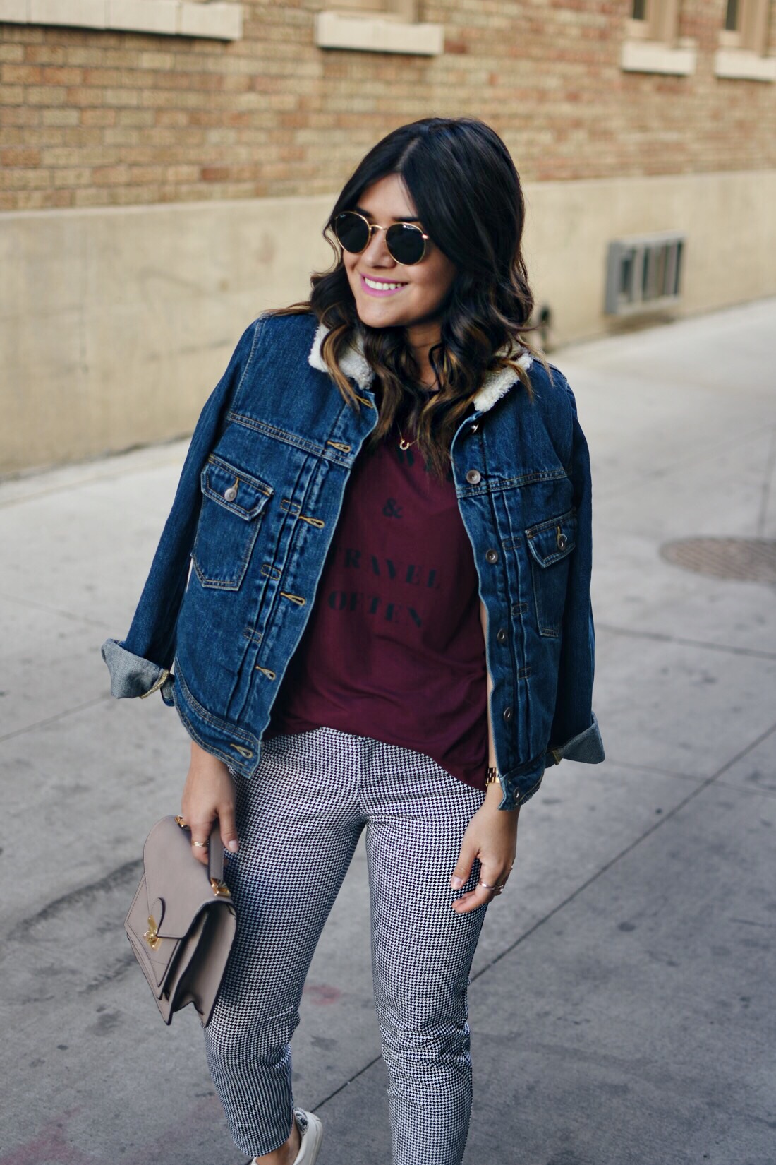Carolina Hellal of Chic Talk wearing an Old navy burgundy T, denim jacket, printed pinxie pants, and Rayban rounded sunglasses - OLD NAVY TEE COLLECTION by popular Denver fashion blogger Chic Talk