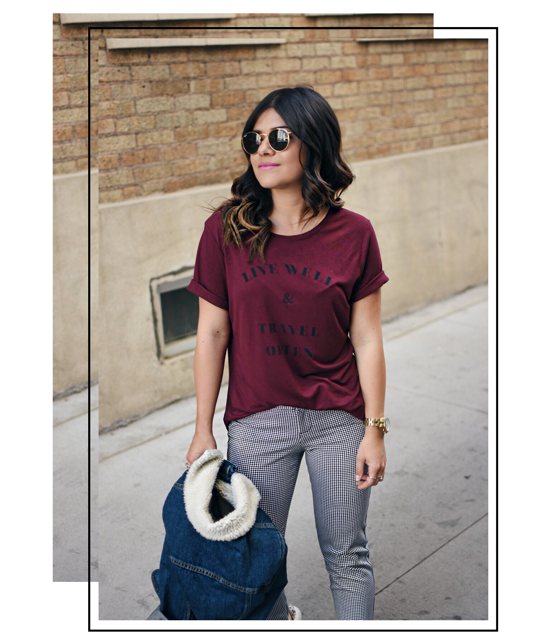 Carolina Hellal of Chic Talk wearing an Old navy burgundy T, denim jacket, printed pinxie pants, and Rayban rounded sunglasses - OLD NAVY TEE COLLECTION by popular Denver fashion blogger Chic Talk