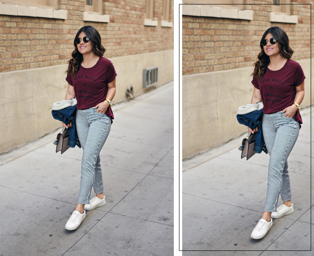 Carolina Hellal of Chic Talk wearing an Old navy burgundy T, denim jacket, printed pinxie pants, and Rayban rounded sunglasses - OLD NAVY TEE COLLECTION by popular Denver fashion blogger Chic Talk