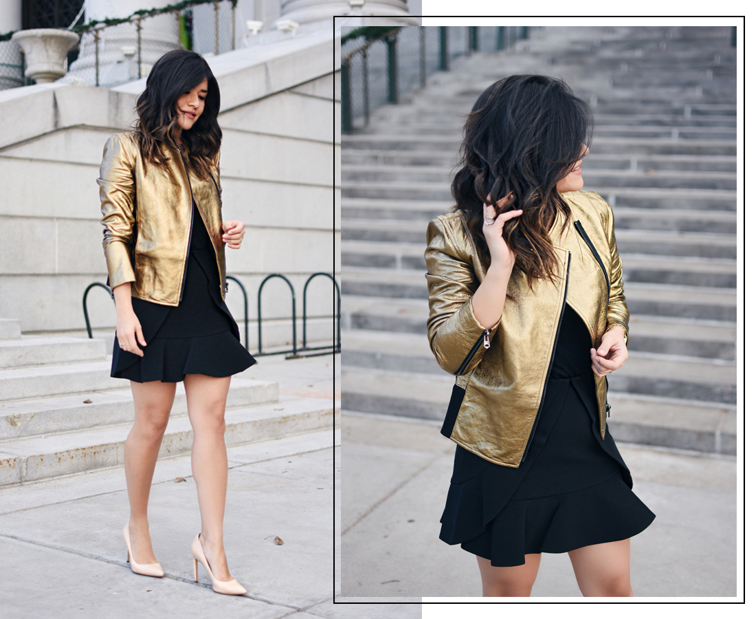 Carolina Hellal of Chic Talk wearing a gold faux leather jacket via Thacker NY - THACKER NY Clothing by popular Denver fashion blogger Chic Talk