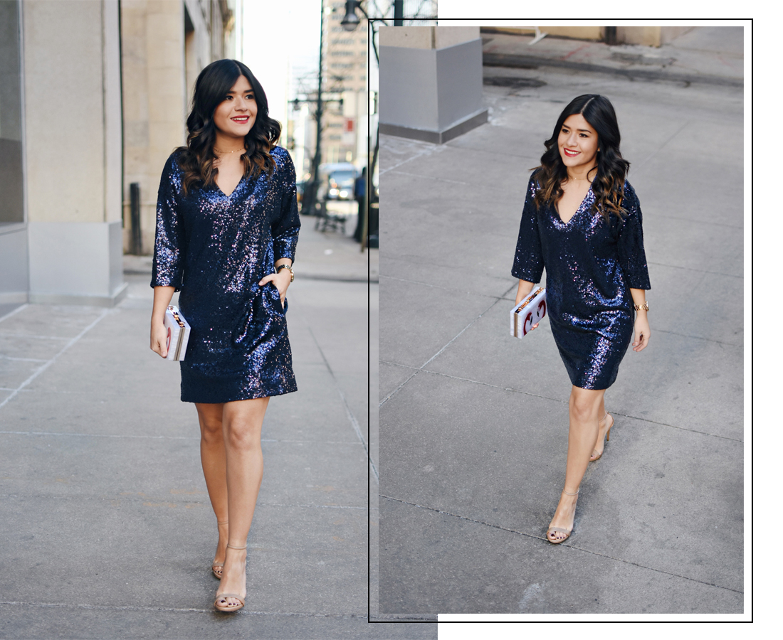 Carolina Hellal of Chic Talk wearing blue sequin dress via Thacker NY - THACKER NY Clothing by popular Denver fashion blogger Chic Talk