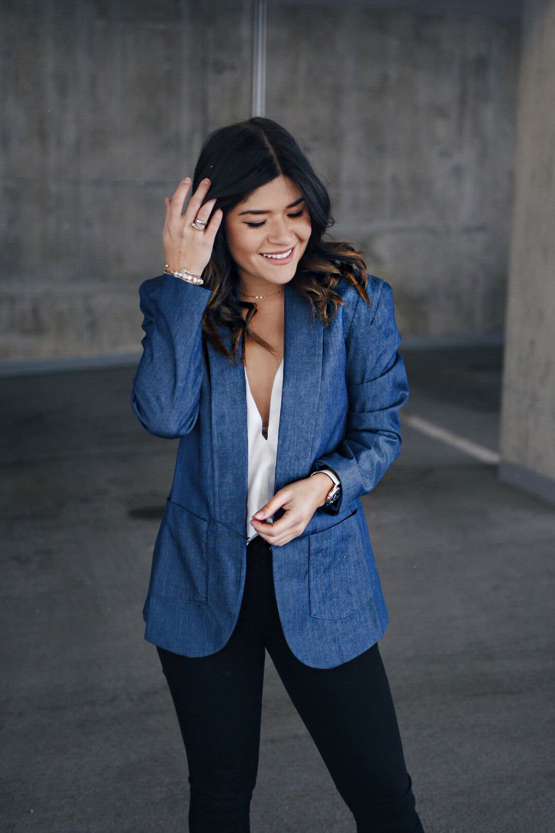 Carolina Hellal of Chic Talk wearing a denim blazer via Thacker NY - THACKER NY Clothing by popular Denver fashion blogger Chic Talk
