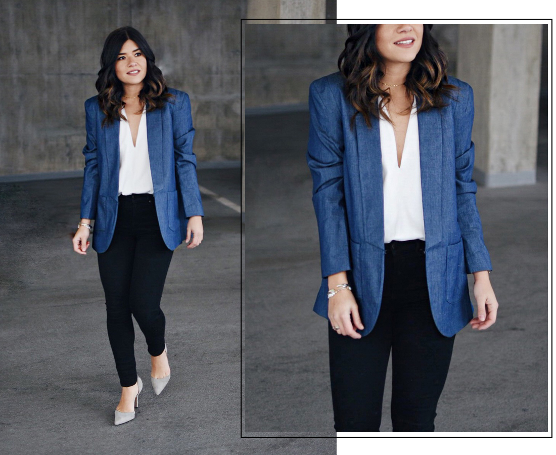 Carolina Hellal of Chic Talk wearing denim blazer via Thacker NY - THACKER NY Clothing by popular Denver fashion blogger Chic Talk