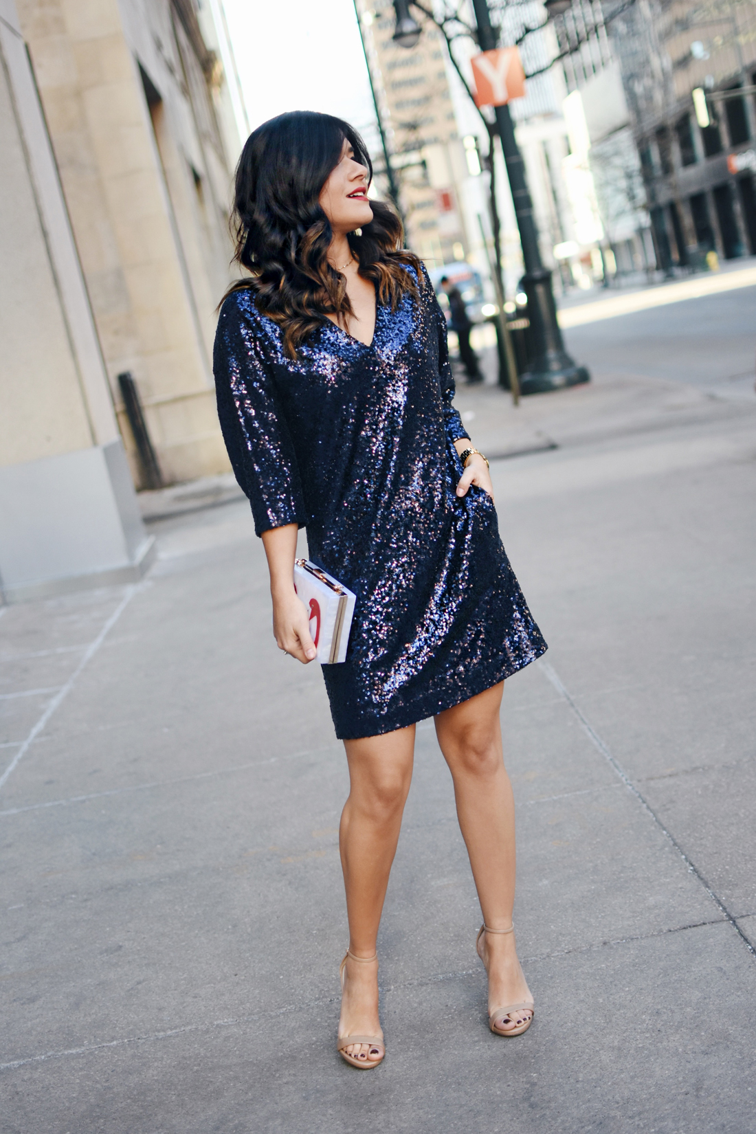 Carolina Hellal of Chic Talk wearing blue sequin dress via Thacker NY - THACKER NY Clothing by popular Denver fashion blogger Chic Talk