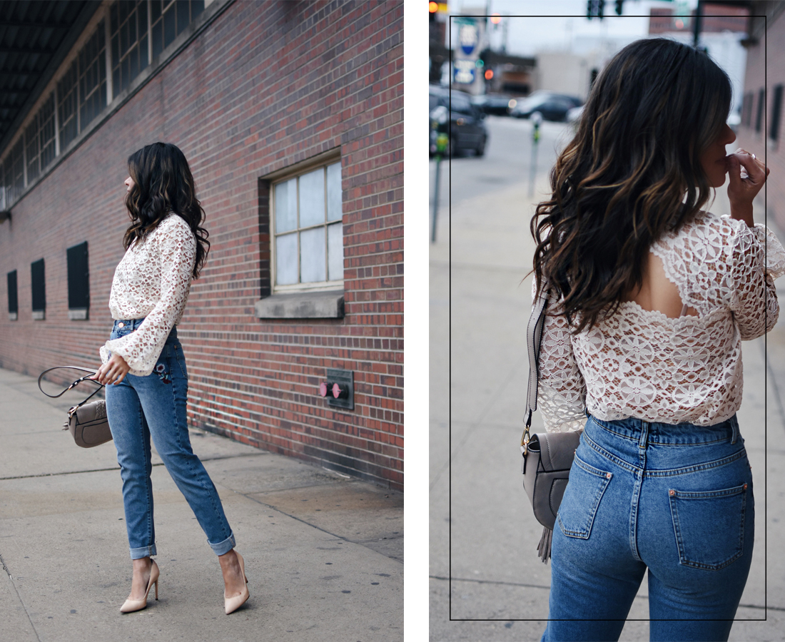 Carolina Hellal of Chic Talk wearing mom jeans, lace top, Sam Edelman nude pumps and a Moda Luxe nude bag - 5 TIPS ON HOW TO WEAR MOM JEANS by popular Denver fashion blogger Chic Talk
