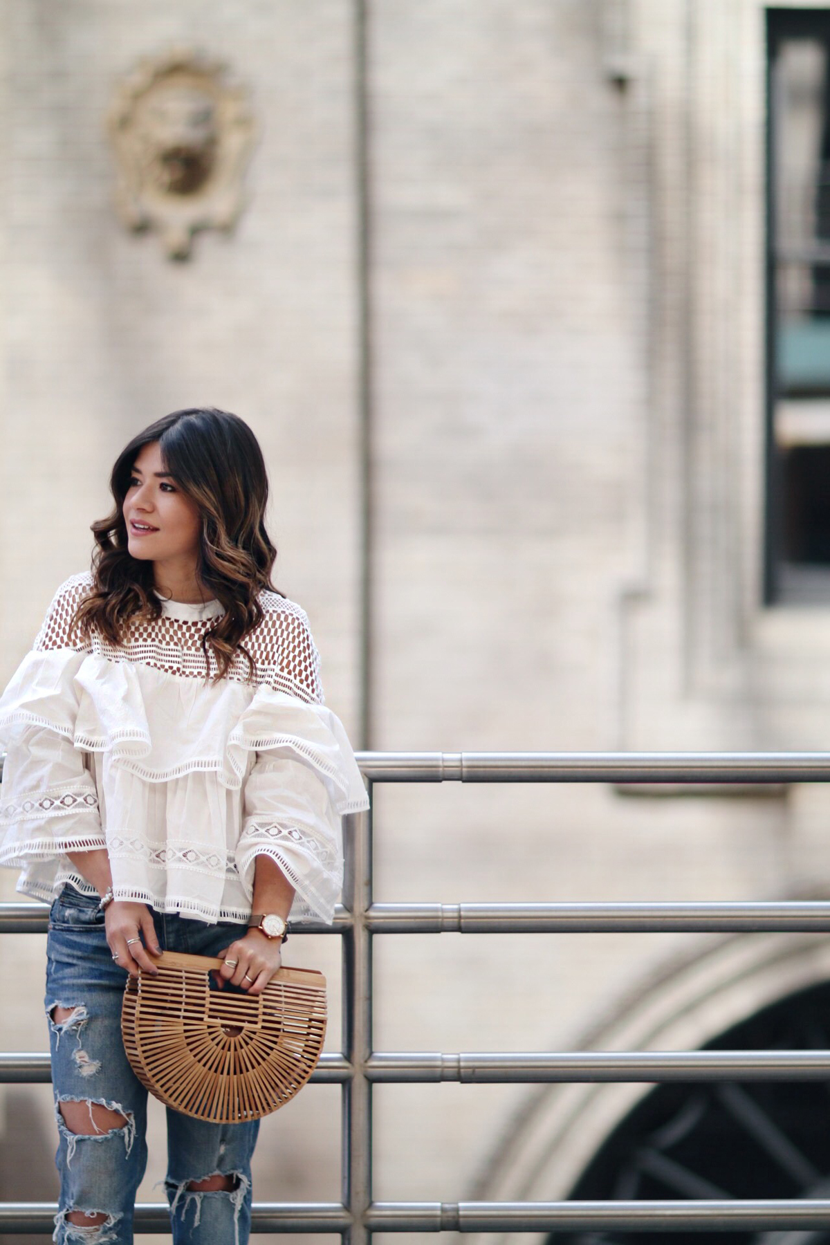 Carolina Hellal wearing a Cult Gaia ark bag, Topshop boyfriend jeans, Sam Edelman nude pumps and Marc Jacobs watch - CULT GAIA BAG styled by popular Denver fashion blogger Chic Talk
