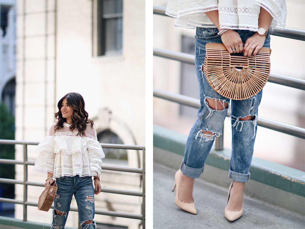 Carolina Hellal wearing a Cult Gaia ark bag, Topshop boyfriend jeans, Sam Edelman nude pumps and Marc Jacobs watch - CULT GAIA BAG styled by popular Denver fashion blogger Chic Talk