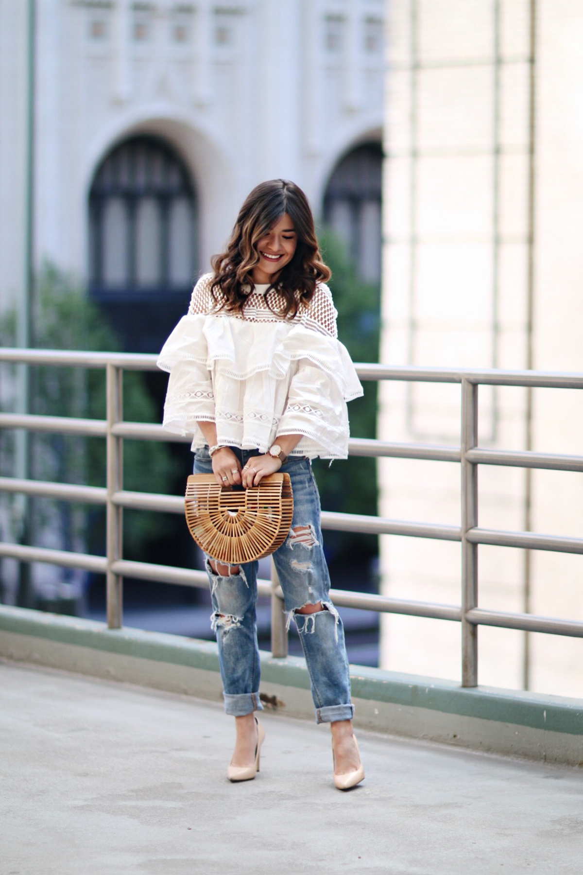 Carolina Hellal wearing a Cult Gaia ark bag, Topshop boyfriend jeans, Sam Edelman nude pumps and Marc Jacobs watch - CULT GAIA BAG styled by popular Denver fashion blogger Chic Talk