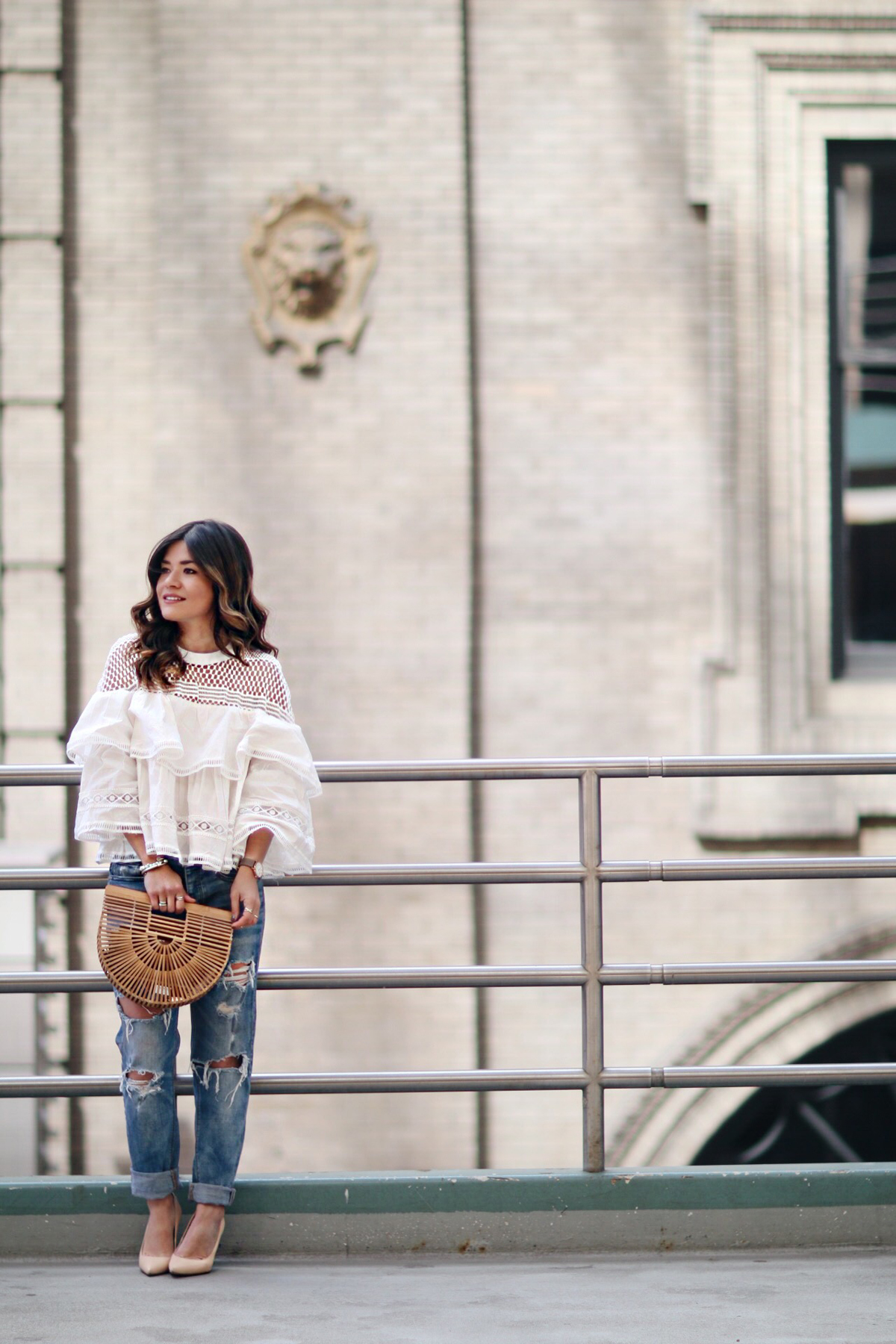 Carolina Hellal wearing a Cult Gaia ark bag, Topshop boyfriend jeans, Sam Edelman nude pumps and Marc Jacobs watch - CULT GAIA BAG styled by popular Denver fashion blogger Chic Talk