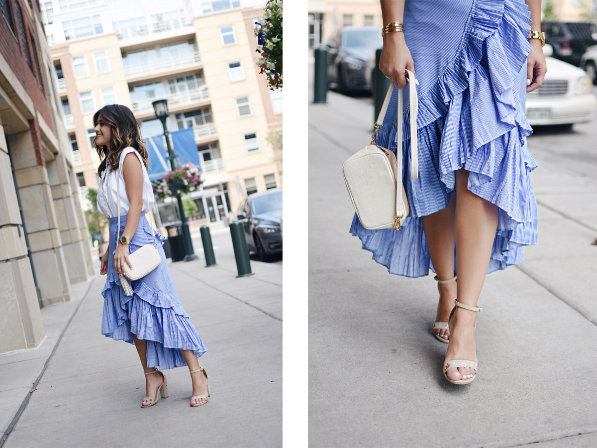 Carolina Hellal of Chic Talk wearing a Chicwish Maxi Skirt, Topshop white button down and Public Desire sandals - RUFFLE MAXI SKIRT styled by popular Denver fashion blogger Chic Talk