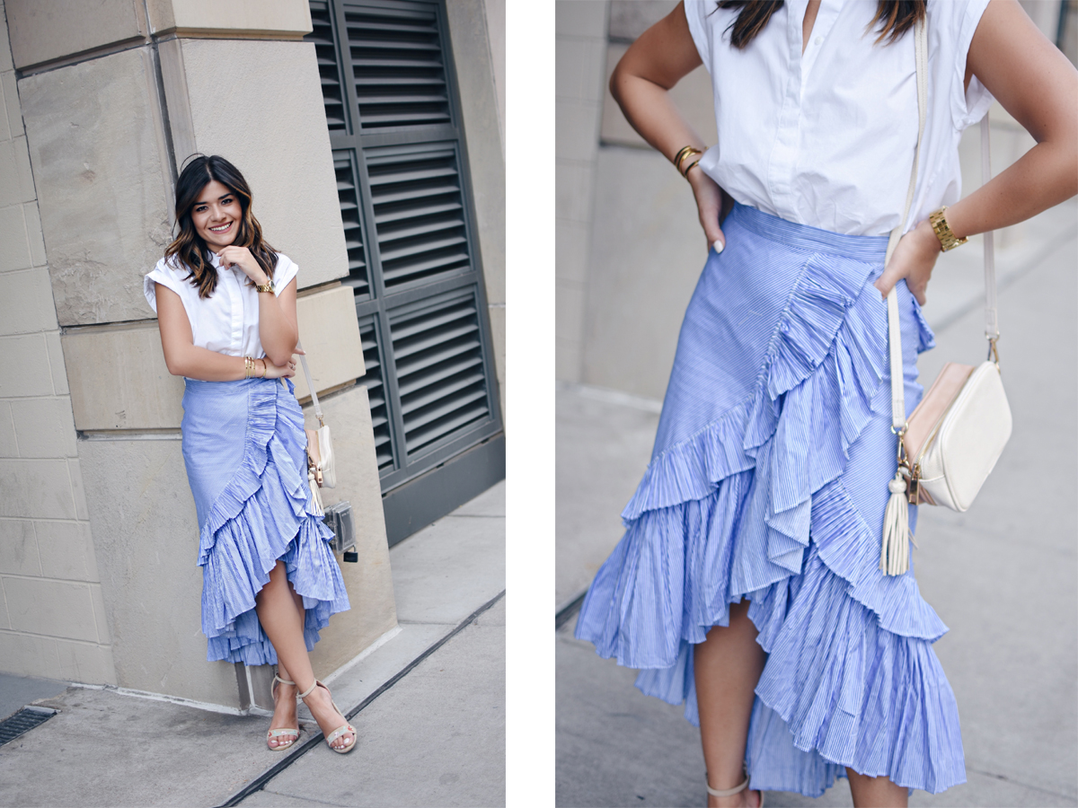 Carolina Hellal of Chic Talk wearing a Chicwish Maxi Skirt, Topshop white button down and Public Desire sandals - RUFFLE MAXI SKIRT styled by popular Denver fashion blogger Chic Talk