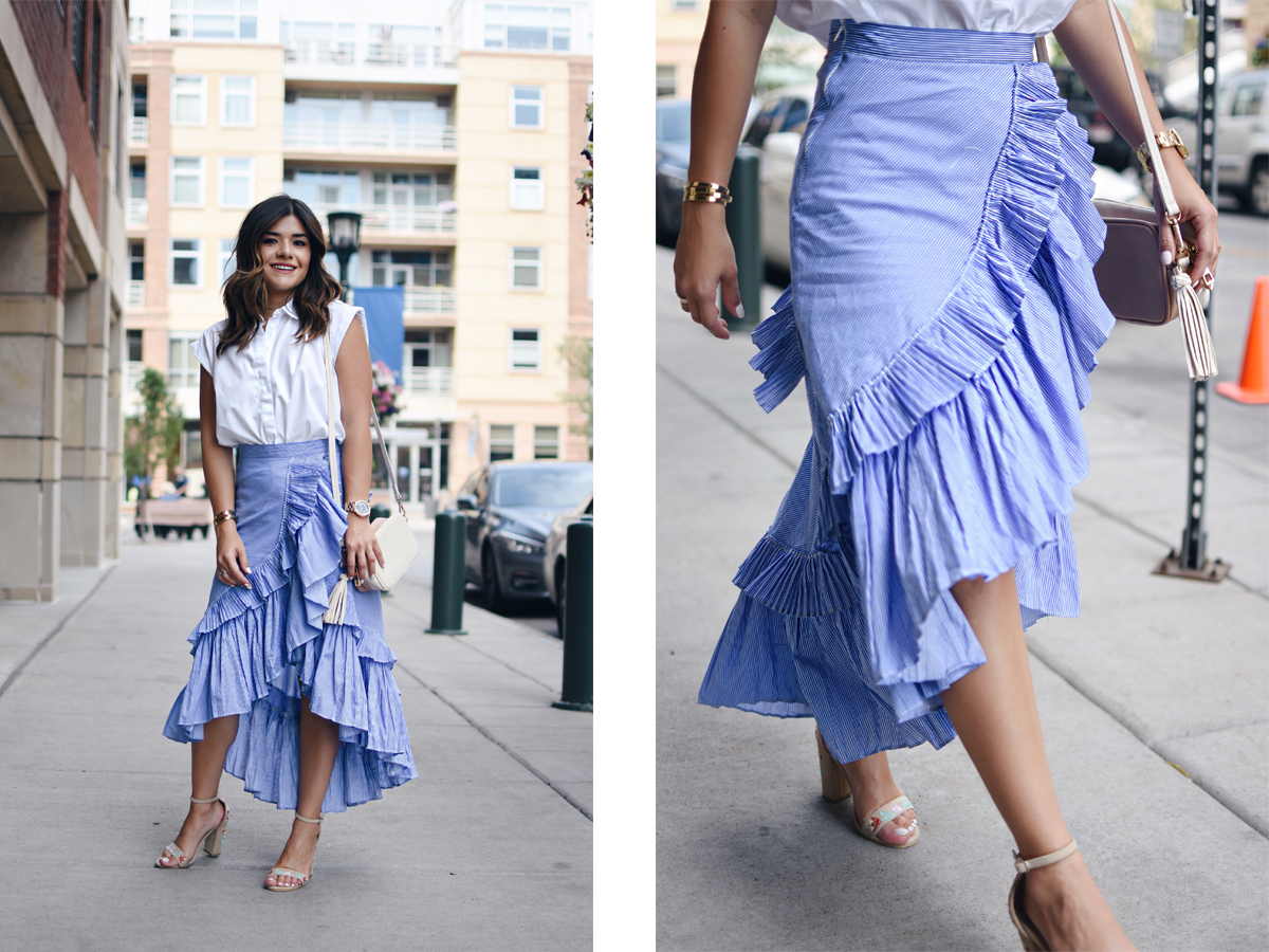 Carolina Hellal of Chic Talk wearing a Chicwish Maxi Skirt, Topshop white button down and Public Desire sandals - RUFFLE MAXI SKIRT styled by popular Denver fashion blogger Chic Talk