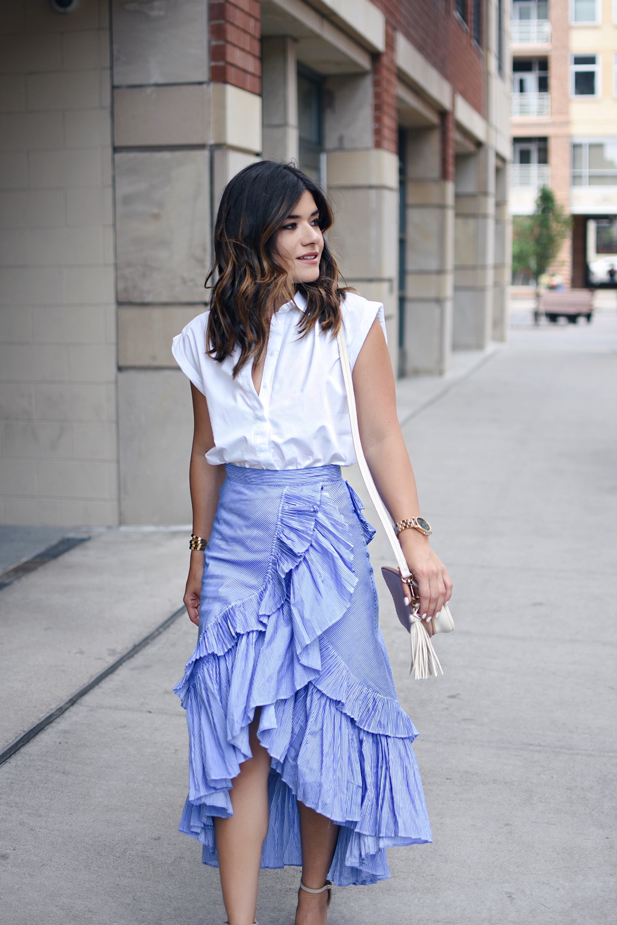Carolina Hellal of Chic Talk wearing a Chicwish Maxi Skirt, Topshop white button down and Public Desire sandals - RUFFLE MAXI SKIRT styled by popular Denver fashion blogger Chic Talk