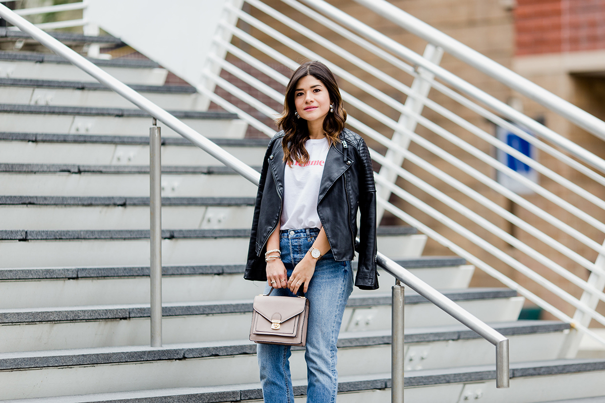 Carolina Hellal of Chic Talk wearing la femme t-shirt via Sezane, Levi's 501 straight vintage jeans, nude mules and topshop black faux leather jacket - LA FEMME TOP VIA SEZANE CLOTHING styled by popular Denver fashion blogger Chic Talk