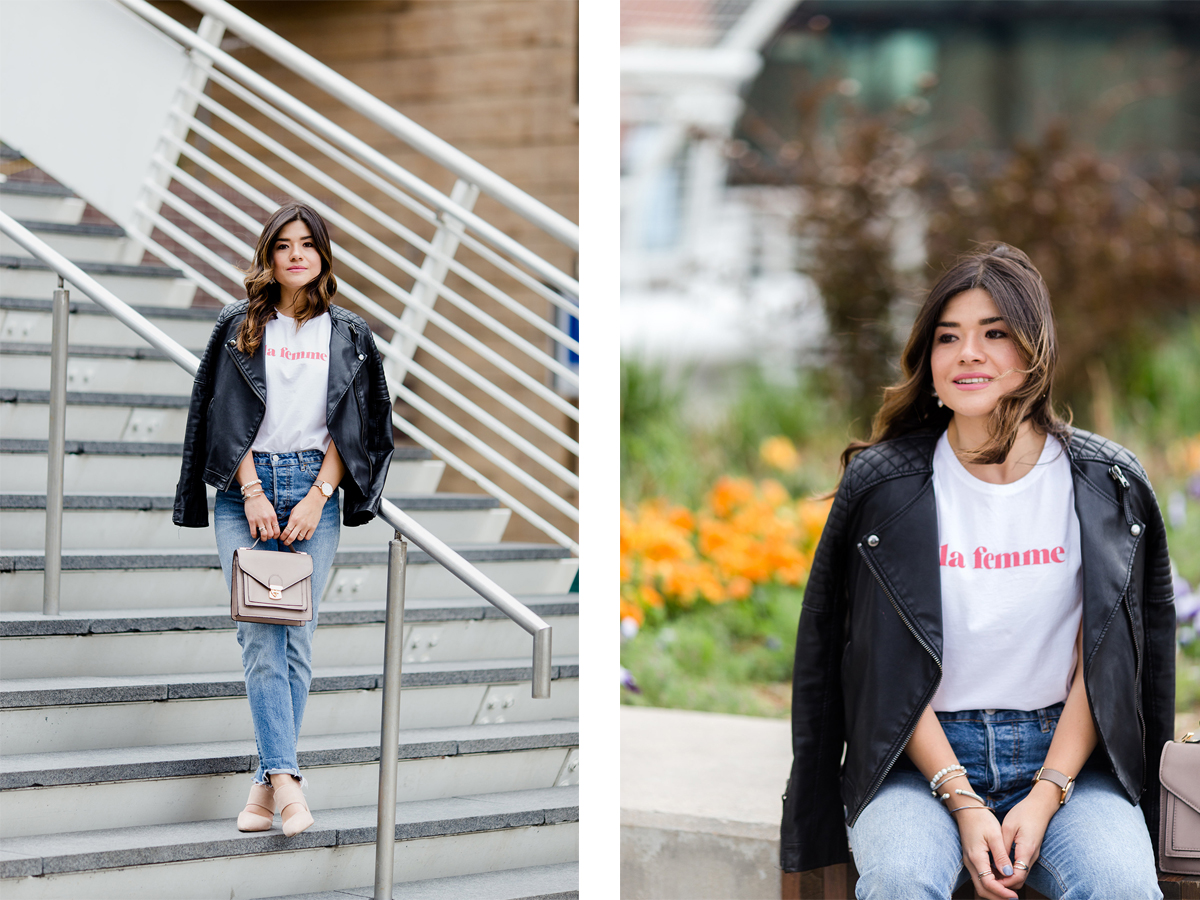 Carolina Hellal of Chic Talk wearing la femme t-shirt via Sezane, Levi's 501 straight vintage jeans, nude mules and topshop black faux leather jacket - LA FEMME TOP VIA SEZANE CLOTHING styled by popular Denver fashion blogger Chic Talk