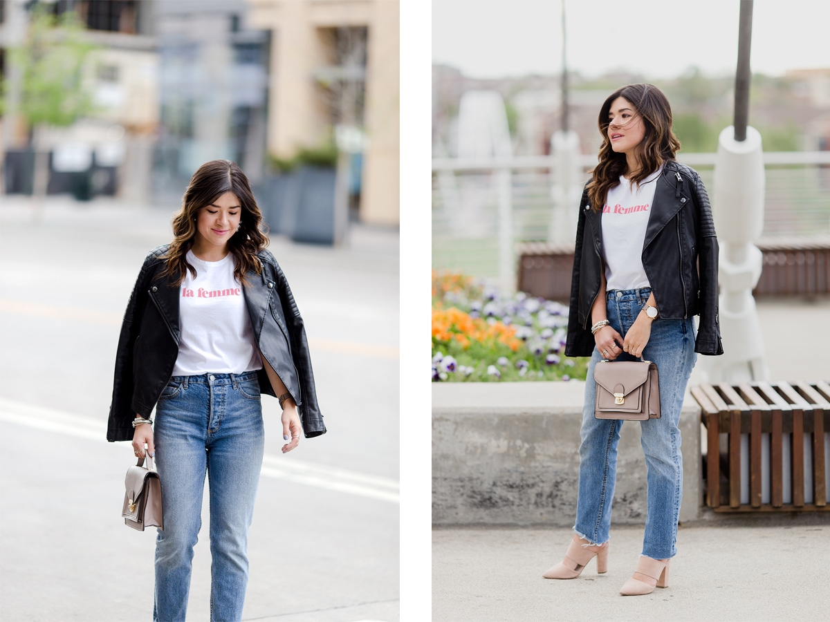 Carolina Hellal of Chic Talk wearing la femme t-shirt via Sezane, Levi's 501 straight vintage jeans, nude mules and topshop black faux leather jacket - LA FEMME TOP VIA SEZANE CLOTHING styled by popular Denver fashion blogger Chic Talk