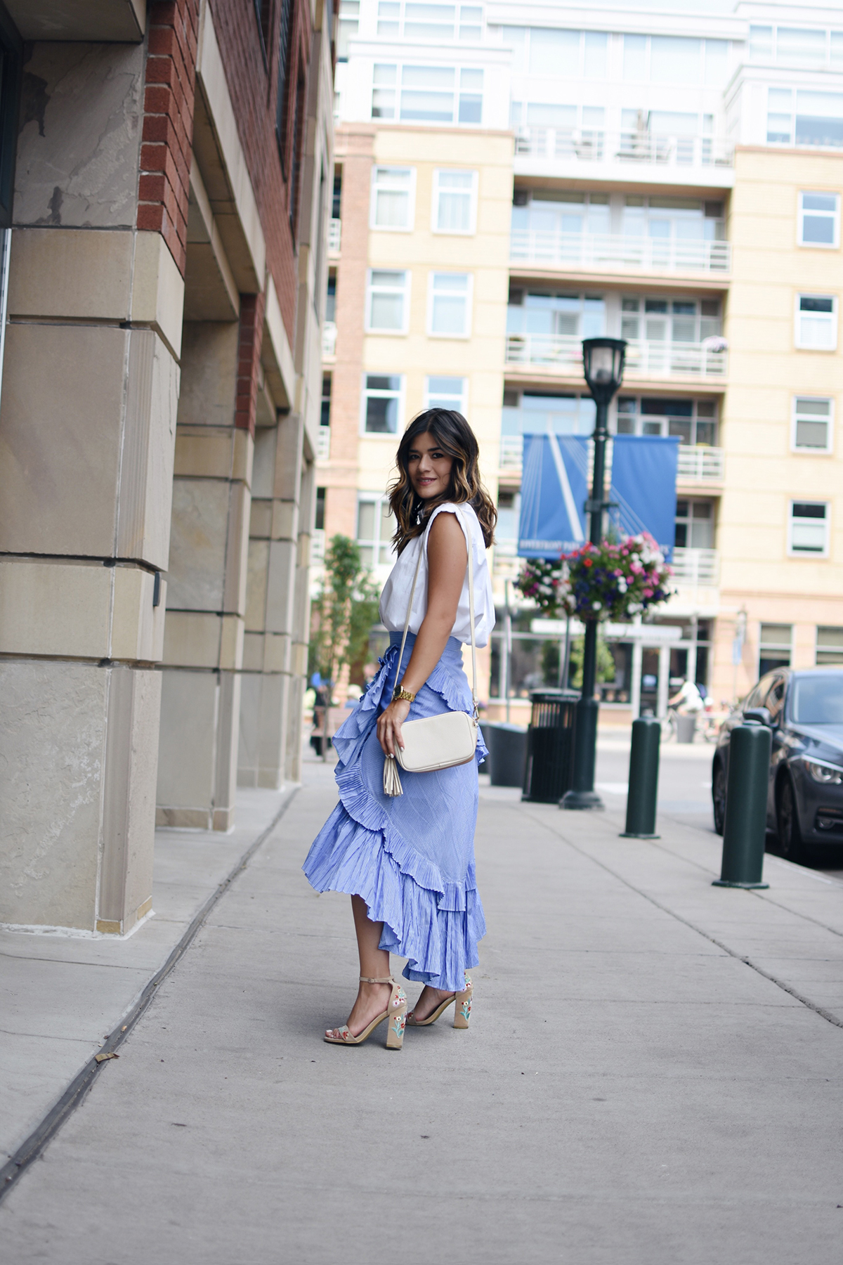 Carolina Hellal of Chic Talk wearing a Chicwish Maxi Skirt, Topshop white button down and Public Desire sandals - RUFFLE MAXI SKIRT styled by popular Denver fashion blogger Chic Talk
