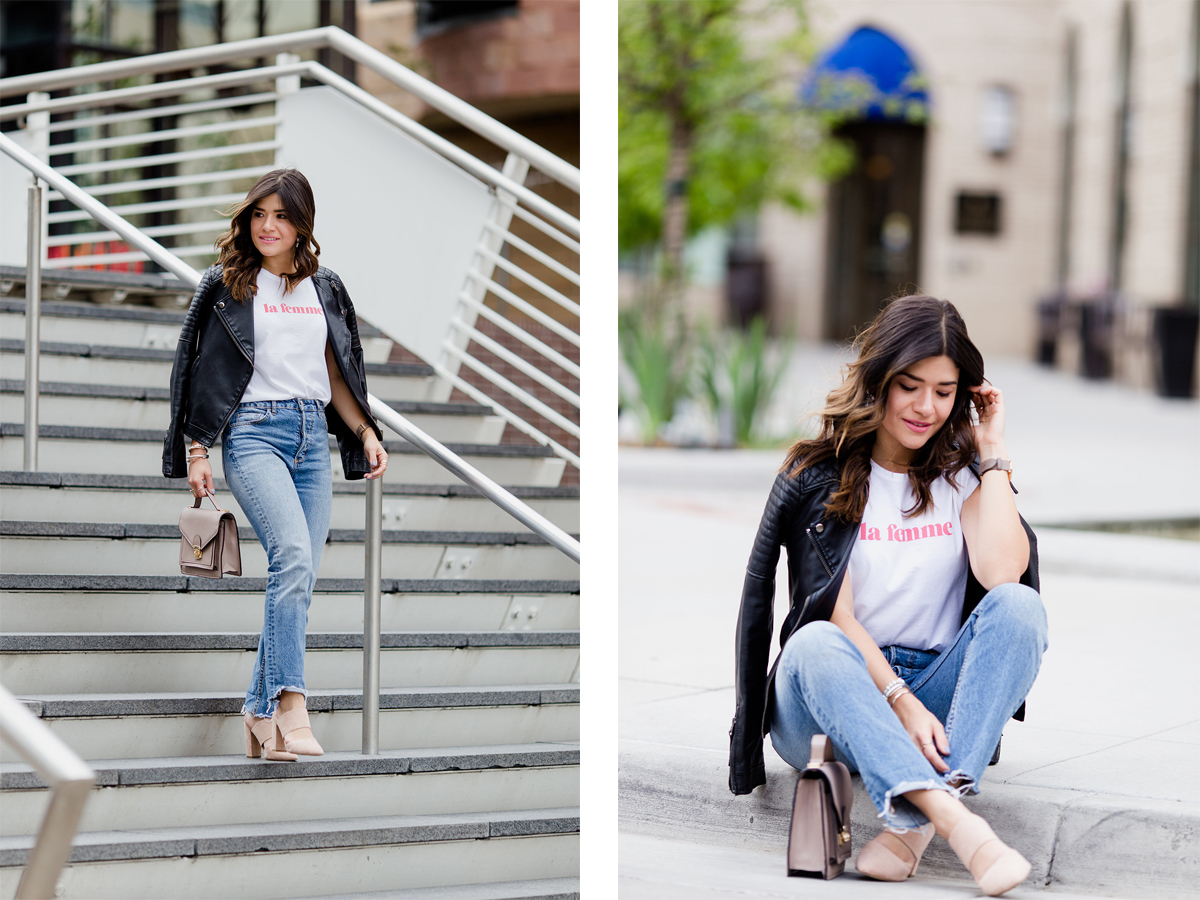 Carolina Hellal of Chic Talk wearing la femme t-shirt via Sezane, Levi's 501 straight vintage jeans, nude mules and topshop black faux leather jacket - LA FEMME TOP VIA SEZANE CLOTHING styled by popular Denver fashion blogger Chic Talk