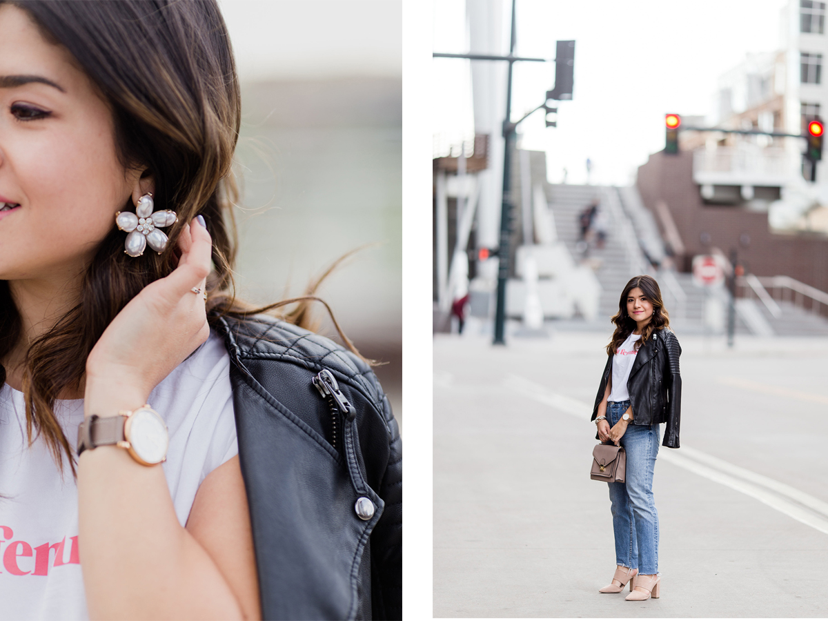 Carolina Hellal of Chic Talk wearing la femme t-shirt via Sezane, Levi's 501 straight vintage jeans, nude mules and topshop black faux leather jacket - LA FEMME TOP VIA SEZANE CLOTHING styled by popular Denver fashion blogger Chic Talk