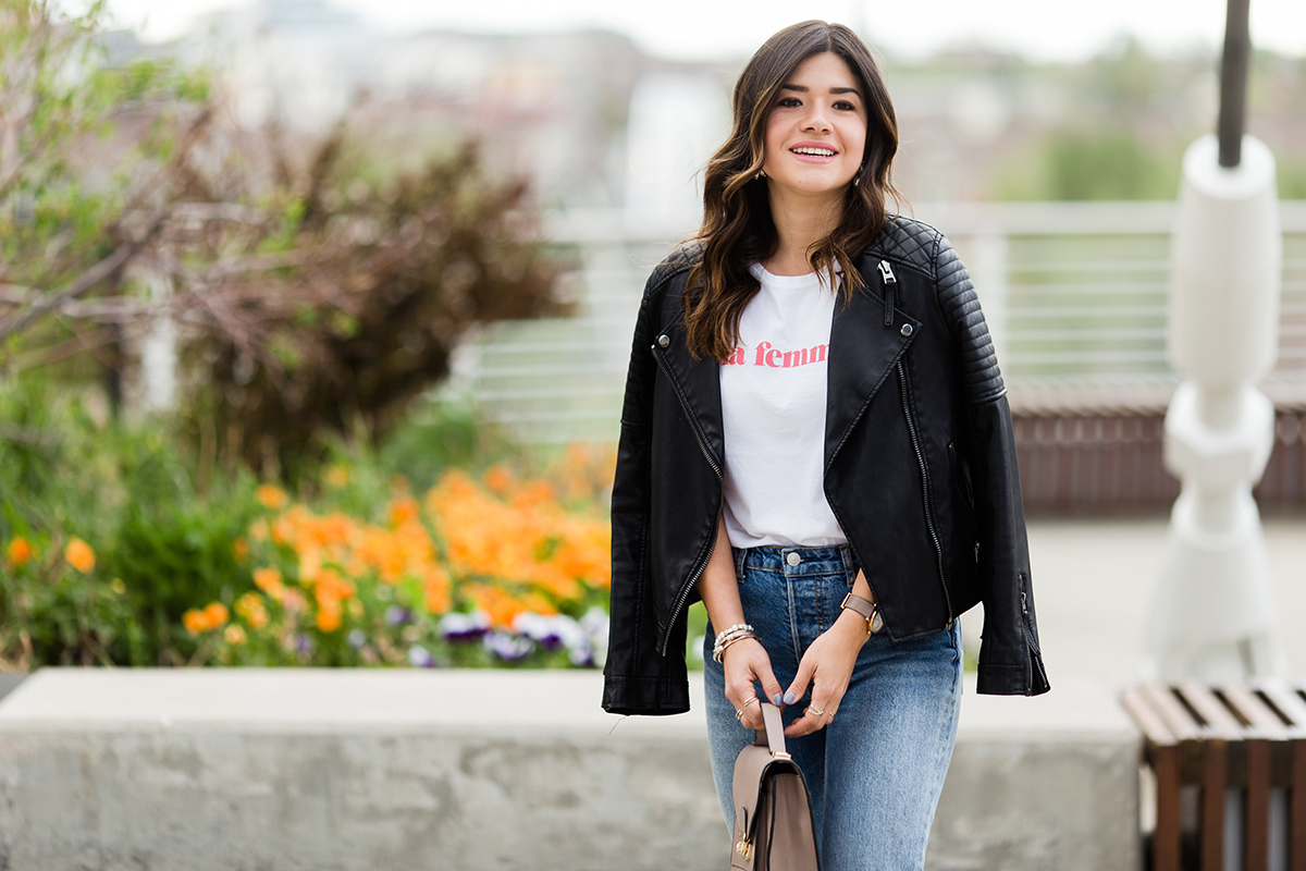 Carolina Hellal of Chic Talk wearing la femme t-shirt via Sezane, Levi's 501 straight vintage jeans, nude mules and topshop black faux leather jacket - LA FEMME TOP VIA SEZANE CLOTHING styled by popular Denver fashion blogger Chic Talk