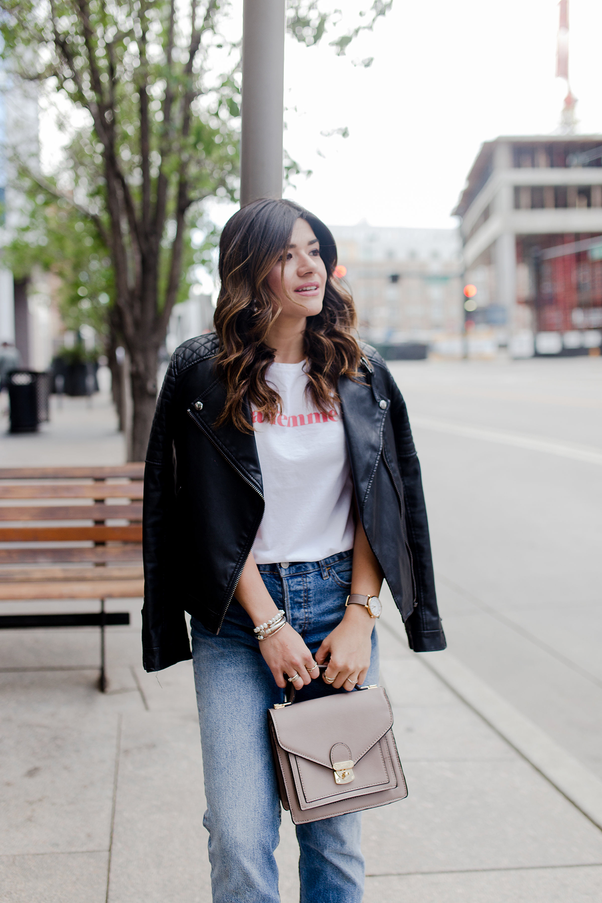 Carolina Hellal of Chic Talk wearing la femme t-shirt via Sezane, Levi's 501 straight vintage jeans, nude mules and topshop black faux leather jacket - LA FEMME TOP VIA SEZANE CLOTHING styled by popular Denver fashion blogger Chic Talk