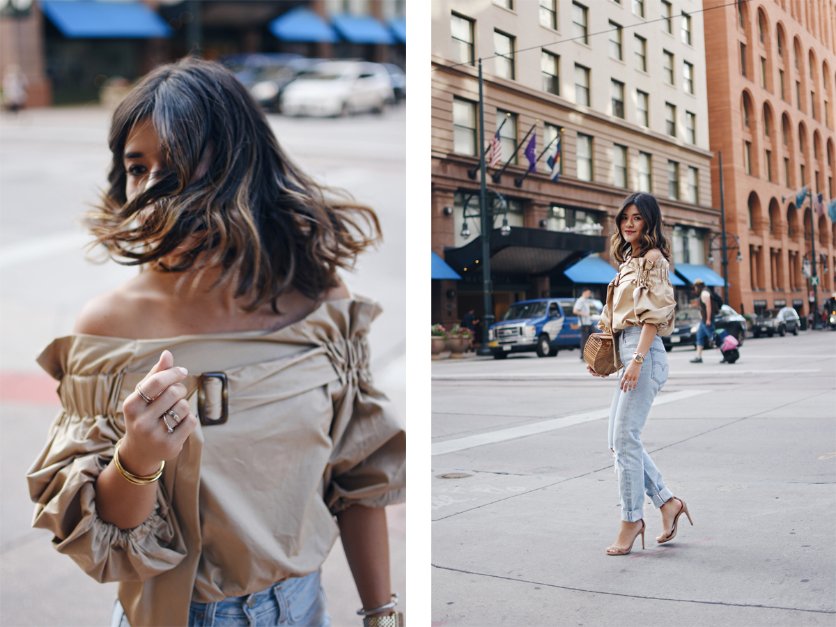 Carolina Hellal of Chic Talk wearing a Style Mafia beige belted top, 501 levis , cultagaia ark bag and steve madden strap sandals - BEIGE BELTED BLOUSE style by popular Denver fashion blogger Chic Talk