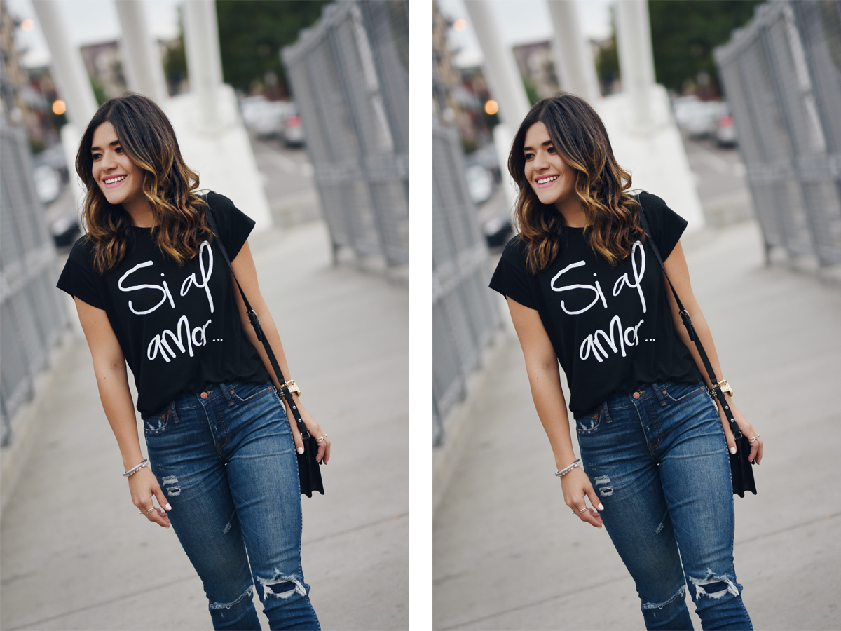 Carolina Hellal of Chic Talk wearing a t-shirt from the Si al amor t-shirt collection by popular Denver fashion blogger Chic Talk