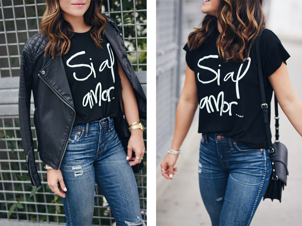 Carolina Hellal of Chic Talk wearing a t-shirt from the Si al amor t-shirt collection by popular Denver fashion blogger Chic Talk
