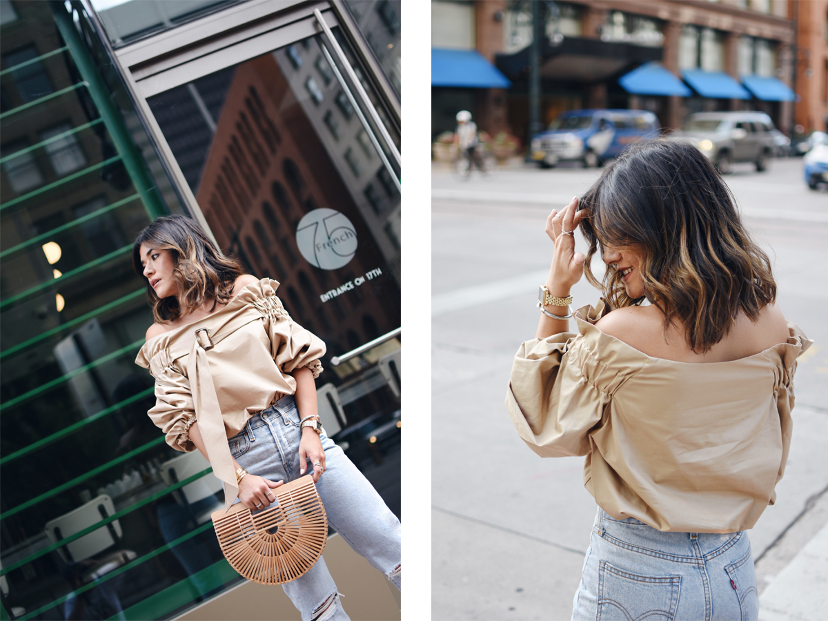 Carolina Hellal of Chic Talk wearing a Style Mafia beige belted top, 501 levis , cultagaia ark bag and steve madden strap sandals - BEIGE BELTED BLOUSE style by popular Denver fashion blogger Chic Talk