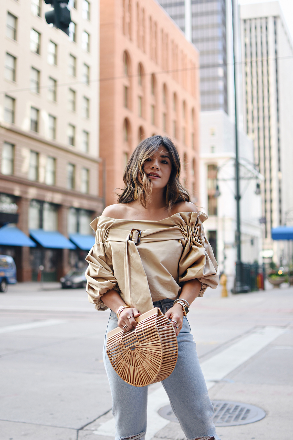 Carolina Hellal of Chic Talk wearing a Style Mafia beige belted top, 501 levis , cultagaia ark bag and steve madden strap sandals - BEIGE BELTED BLOUSE style by popular Denver fashion blogger Chic Talk