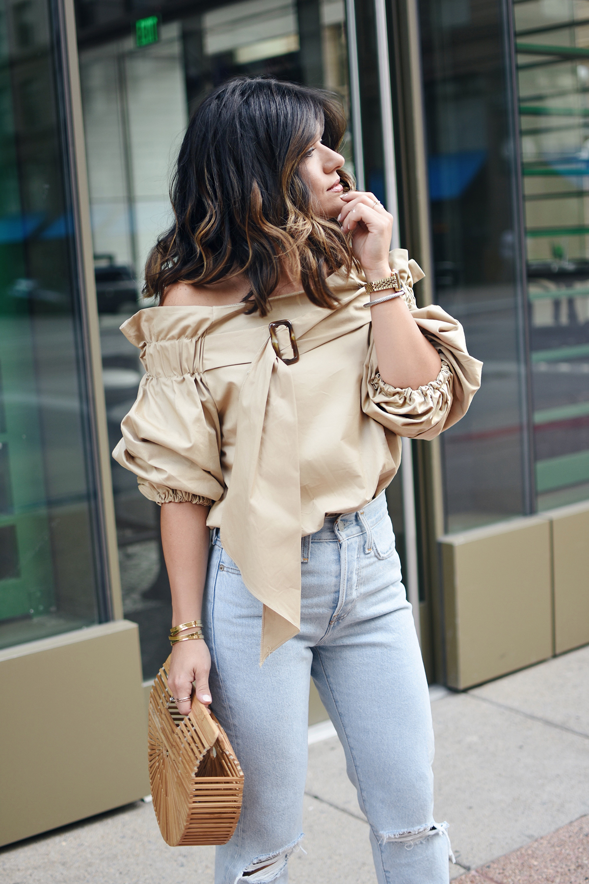 Carolina Hellal of Chic Talk wearing a Style Mafia beige belted top, 501 levis , cultagaia ark bag and steve madden strap sandals - BEIGE BELTED BLOUSE style by popular Denver fashion blogger Chic Talk