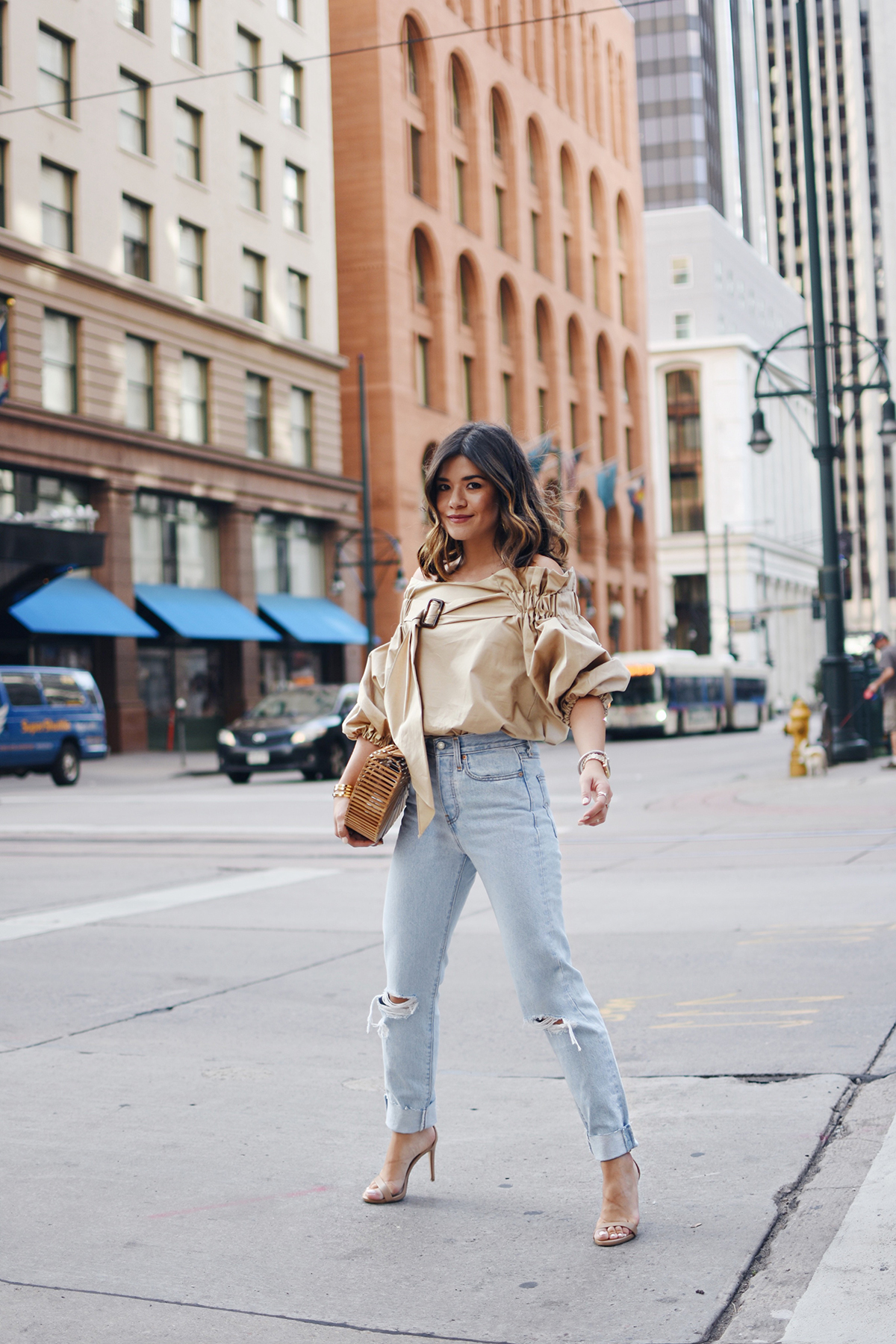 Carolina Hellal of Chic Talk wearing a Style Mafia beige belted top, 501 levis , cultagaia ark bag and steve madden strap sandals - BEIGE BELTED BLOUSE style by popular Denver fashion blogger Chic Talk