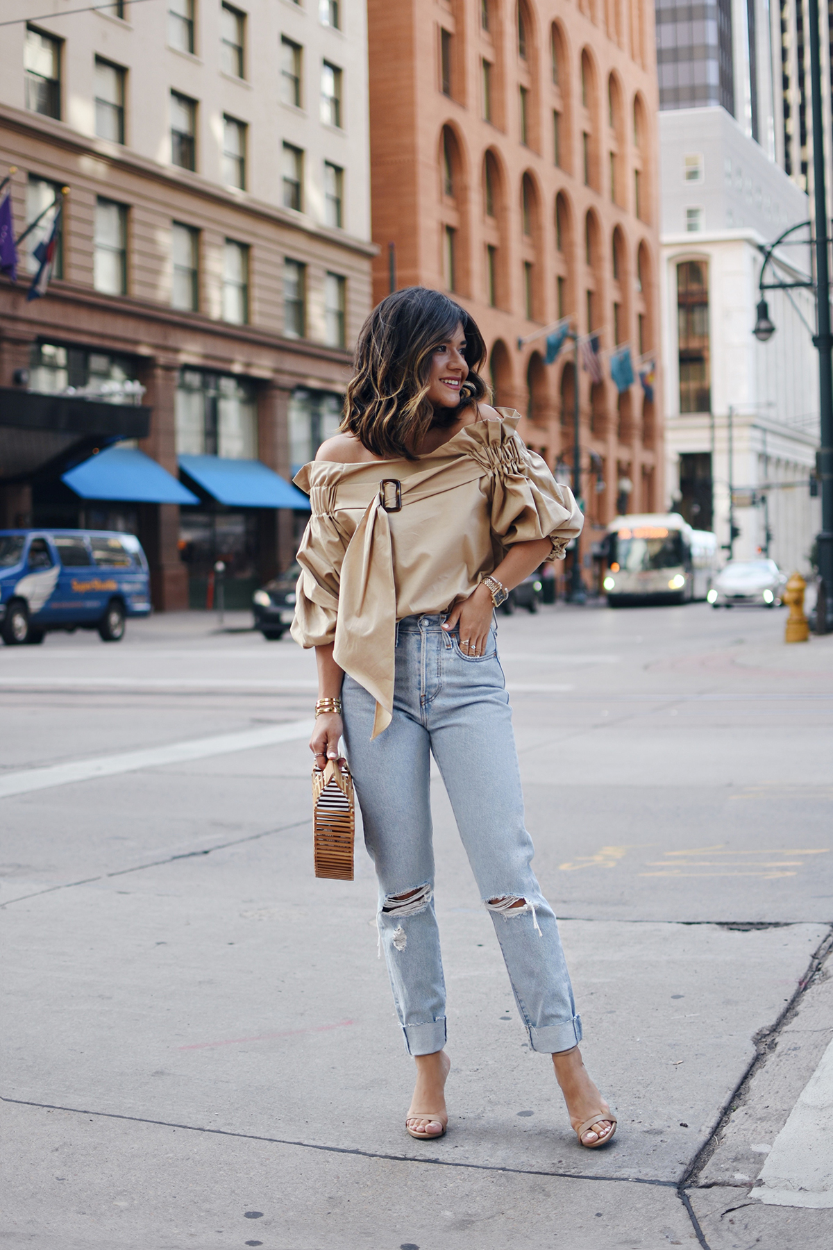 Carolina Hellal of Chic Talk wearing a Style Mafia beige belted top, 501 levis , cultagaia ark bag and steve madden strap sandals - BEIGE BELTED BLOUSE style by popular Denver fashion blogger Chic Talk