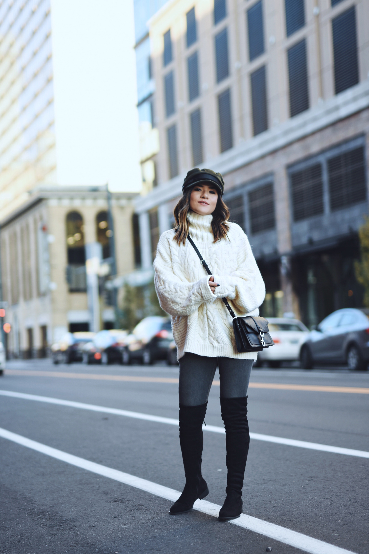 Carolina Hellal of Chic Talk wearing a knit sweater, AG Jeans, public desire boots and asos hat - BEST KNIT SWEATERS UNDER $100 by popular Denver fashion blogger Chic Talk