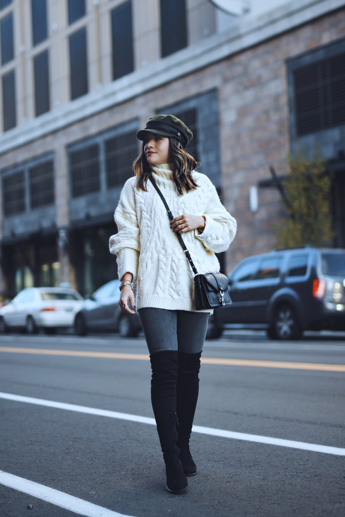 Carolina Hellal of Chic Talk wearing a knit sweater, AG Jeans, public desire boots and asos hat - BEST KNIT SWEATERS UNDER $100 by popular Denver fashion blogger Chic Talk