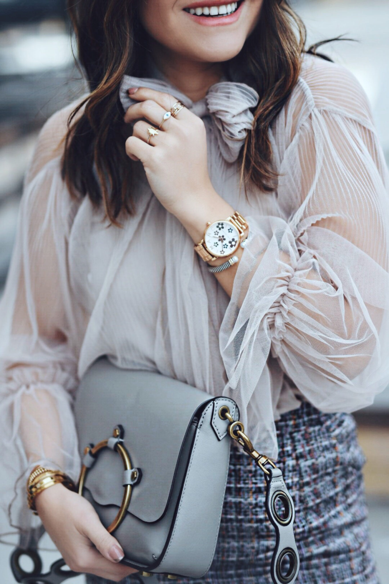 Carolina Hellal of Chic Talk wearing a Chiwish tulle top, Shein tweed skirt, shein gray coat, ASOS red boots and Rebecca Minkoff bag - CHICWISH TULLE TOP by popular Denver fashion blogger Chic Talk
