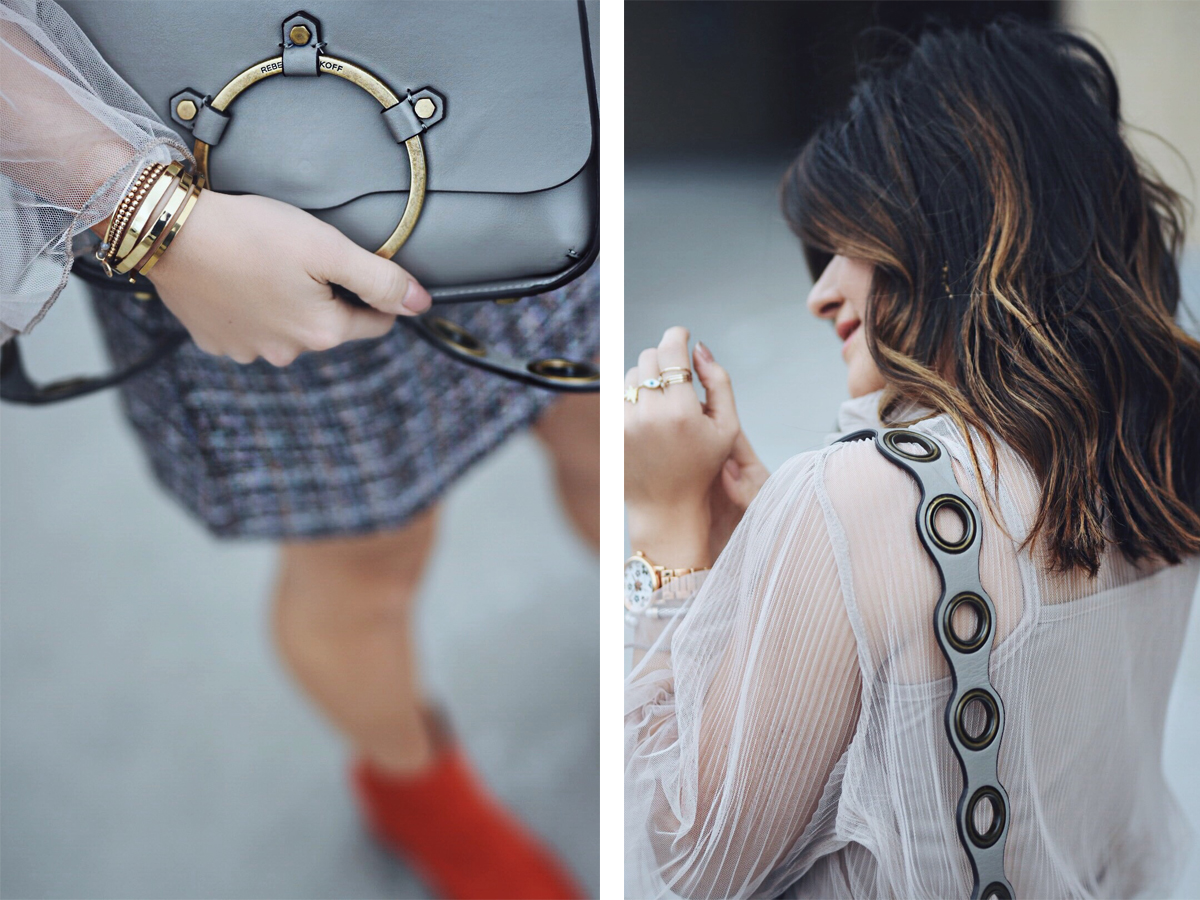 Carolina Hellal of Chic Talk wearing a Chiwish tulle top, Shein tweed skirt, shein gray coat, ASOS red boots and Rebecca Minkoff bag - CHICWISH TULLE TOP by popular Denver fashion blogger Chic Talk