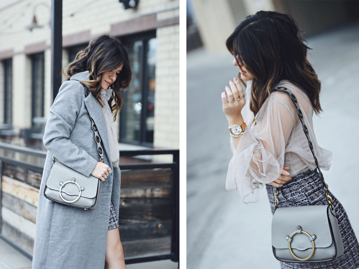 Carolina Hellal of Chic Talk wearing a Chiwish tulle top, Shein tweed skirt, shein gray coat, ASOS red boots and Rebecca Minkoff bag - CHICWISH TULLE TOP by popular Denver fashion blogger Chic Talk