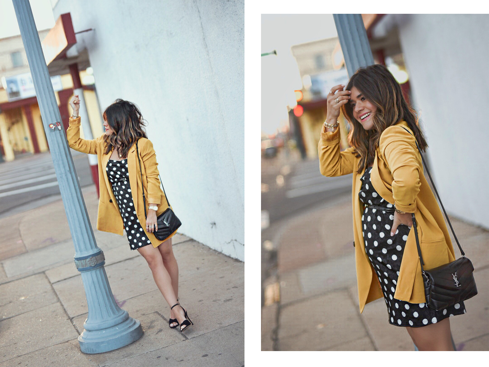 Carolina Hellal of Chic Talk wearing a Topshop polka dot dress, Mural yellow blazer, Sam Edelman sandals and YSL crossbody bag - Spring polka dot dress by popular Denver fashion blogger Chic Talk