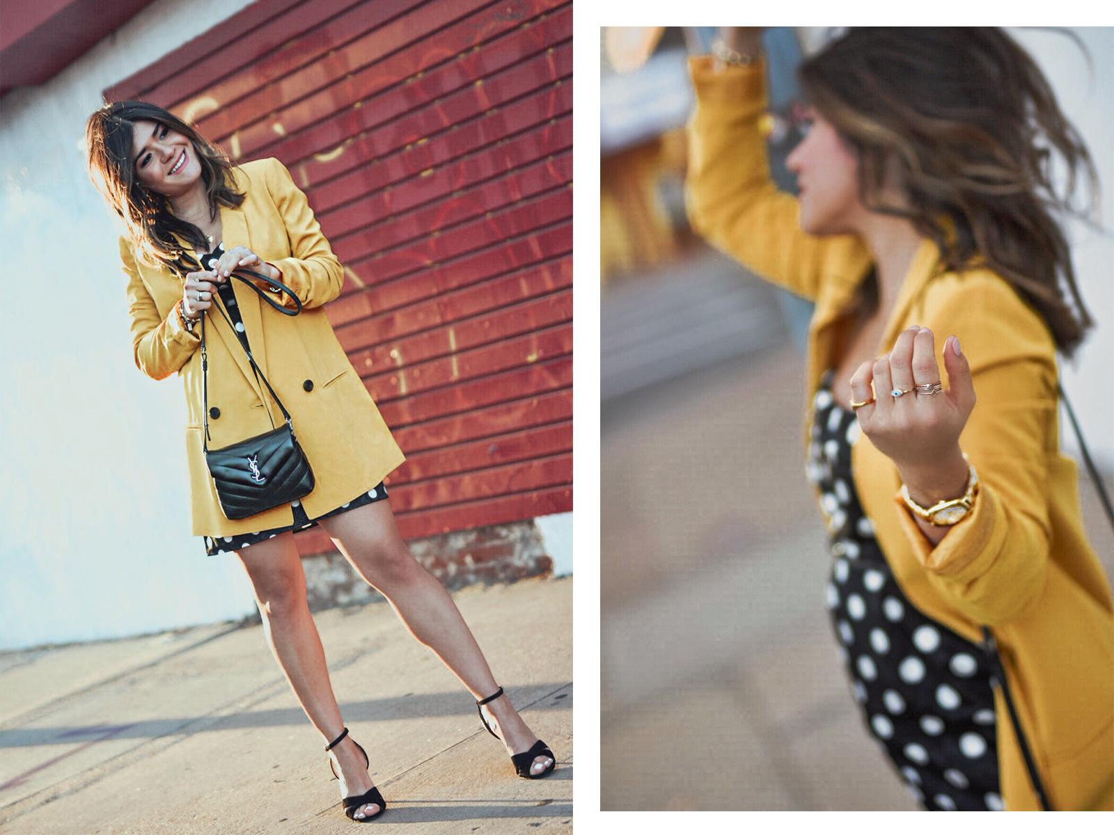 Carolina Hellal of Chic Talk wearing a Topshop polka dot dress, Mural yellow blazer, Sam Edelman sandals and YSL crossbody bag - Spring polka dot dress by popular Denver fashion blogger Chic Talk