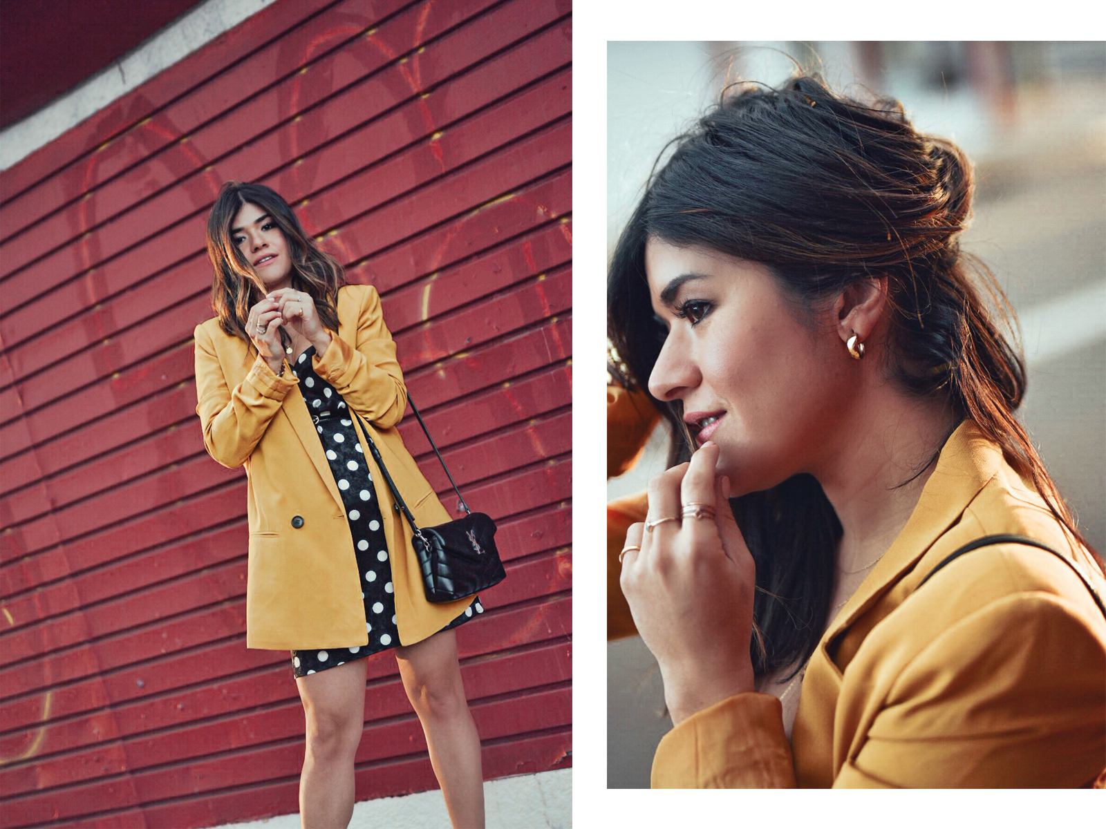 Carolina Hellal of Chic Talk wearing a Topshop polka dot dress, Mural yellow blazer, Sam Edelman sandals and YSL crossbody bag - Spring polka dot dress by popular Denver fashion blogger Chic Talk