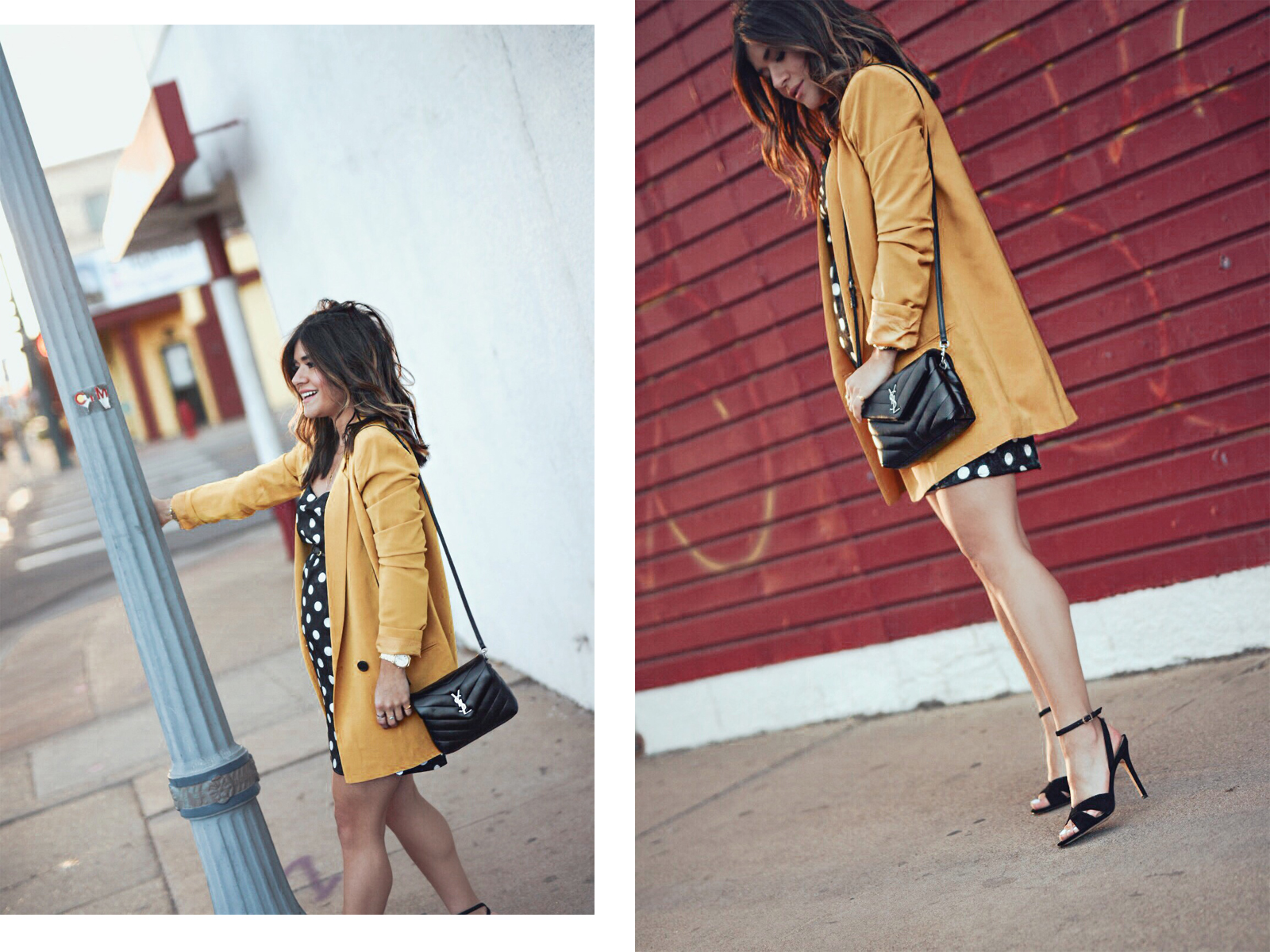 Carolina Hellal of Chic Talk wearing a Topshop polka dot dress, Mural yellow blazer, Sam Edelman sandals and YSL crossbody bag - Spring polka dot dress by popular Denver fashion blogger Chic Talk